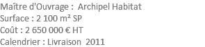Maître d'Ouvrage : Archipel Habitat Surface : 2 100 m² SP Coût : 2 650 000 € HT Calendrier : Livraison 2011