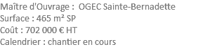Maître d'Ouvrage : OGEC Sainte-Bernadette Surface : 465 m² SP Coût : 702 000 € HT Calendrier : chantier en cours