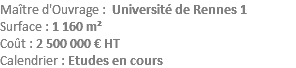 Maître d'Ouvrage : Université de Rennes 1 Surface : 1 160 m² Coût : 2 500 000 € HT Calendrier : Etudes en cours
