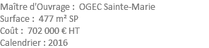 Maître d'Ouvrage : OGEC Sainte-Marie Surface : 477 m² SP Coût : 702 000 € HT Calendrier : 2016